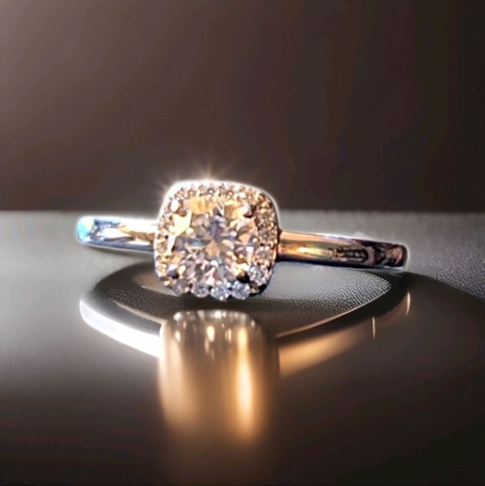 14k WGP Cushion Cut VVSI Full Moissanite Halo Engagement Ring  Sz 8  2.3g Silver